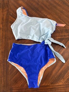 Women’s Two-Tone Blue High-Waist bathing suit Side Tie